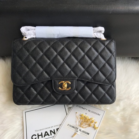 Chane*  Calfskin Caviar Classic Flap Bag Black Golden Buckle 30cm