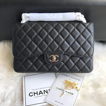Chane*  Calfskin Caviar Classic Flap Bag Black Silver Buckle 30cm