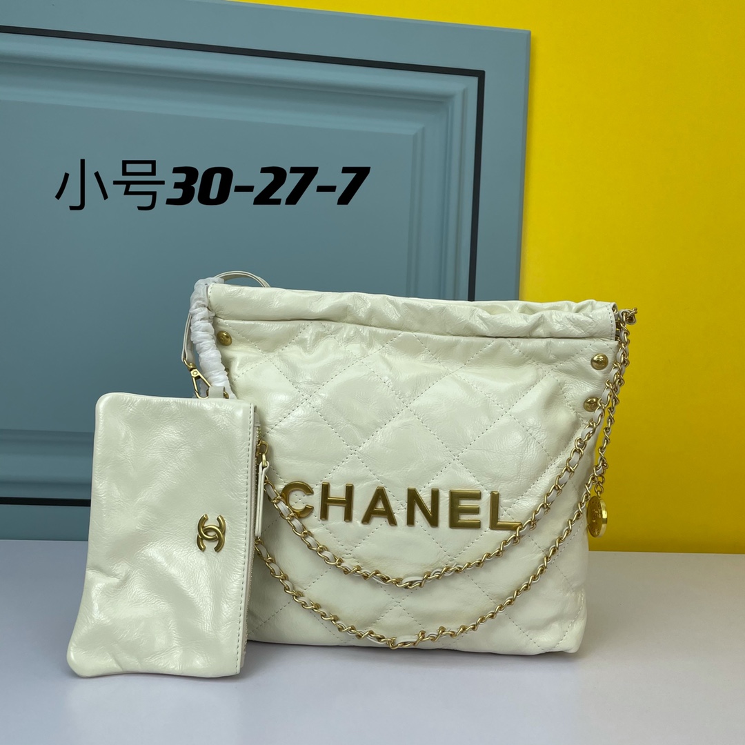 Chane* 22 Handbag Gold-Tone Material Cream 30x27x7 cm