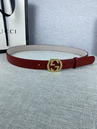 Gucc* GG Calfskin Belt Golden/Silver Buckle Red 30 MM