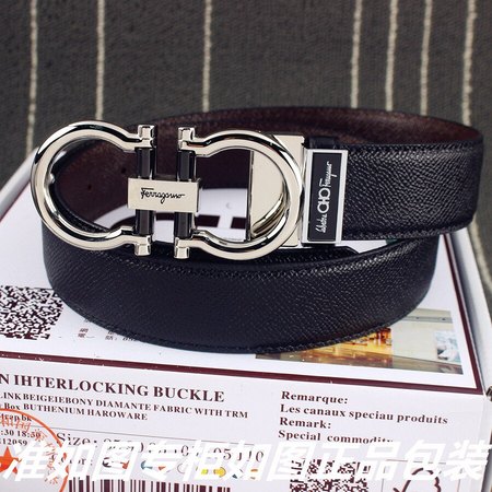 Ferragam* Cowhide Belt Black Silver Buckle 3.5 cm