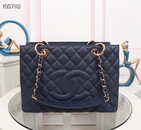 Chane* Classic GST Calfskin Tote Bag Navy with Gold/Silver Chain