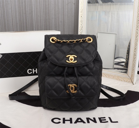 Chane* Duma Caviar Lambskin Backpack Black Golden Chain 21.5x24x12 cm
