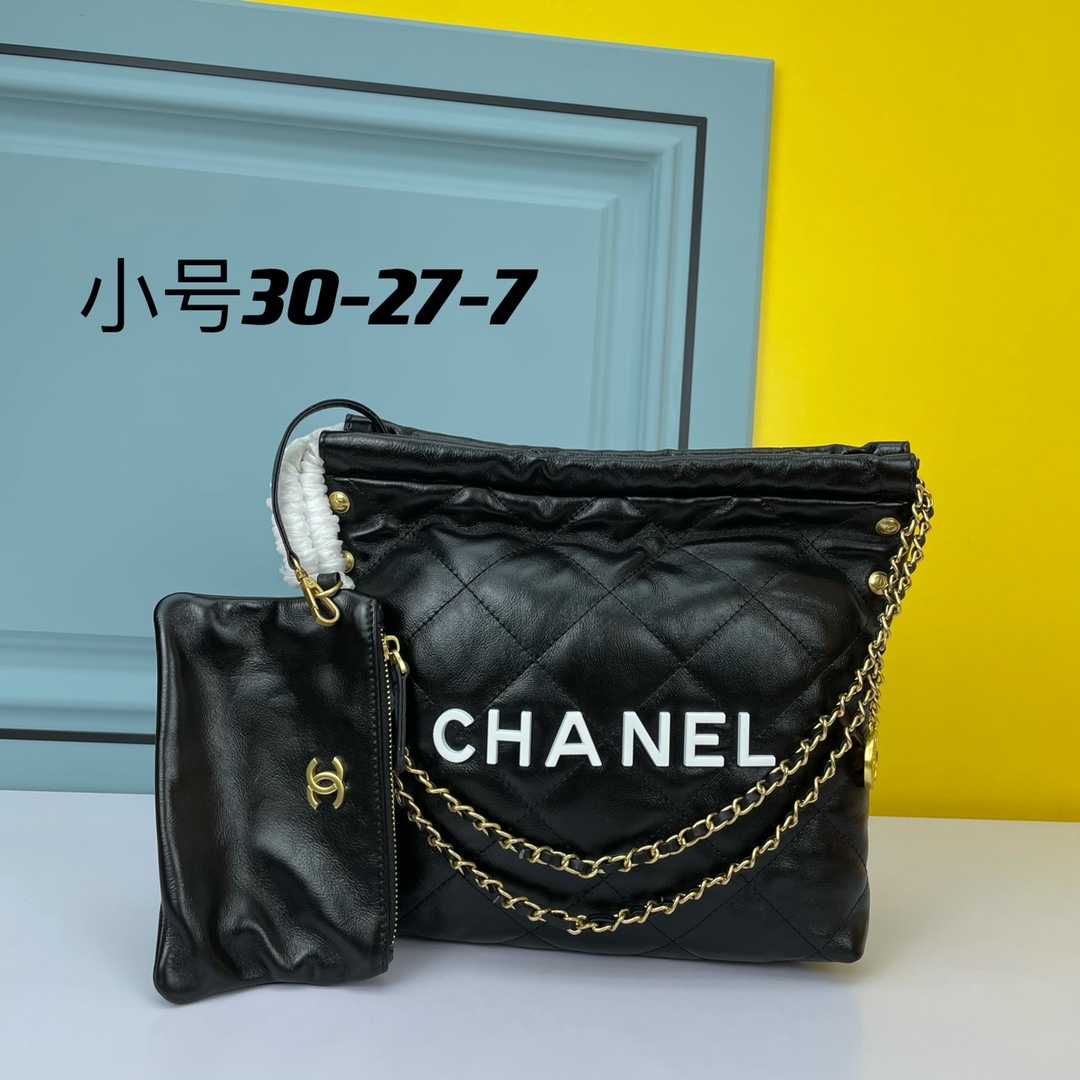 Chane* 22 Handbag White-Tone Material Black 30x27x7 cm