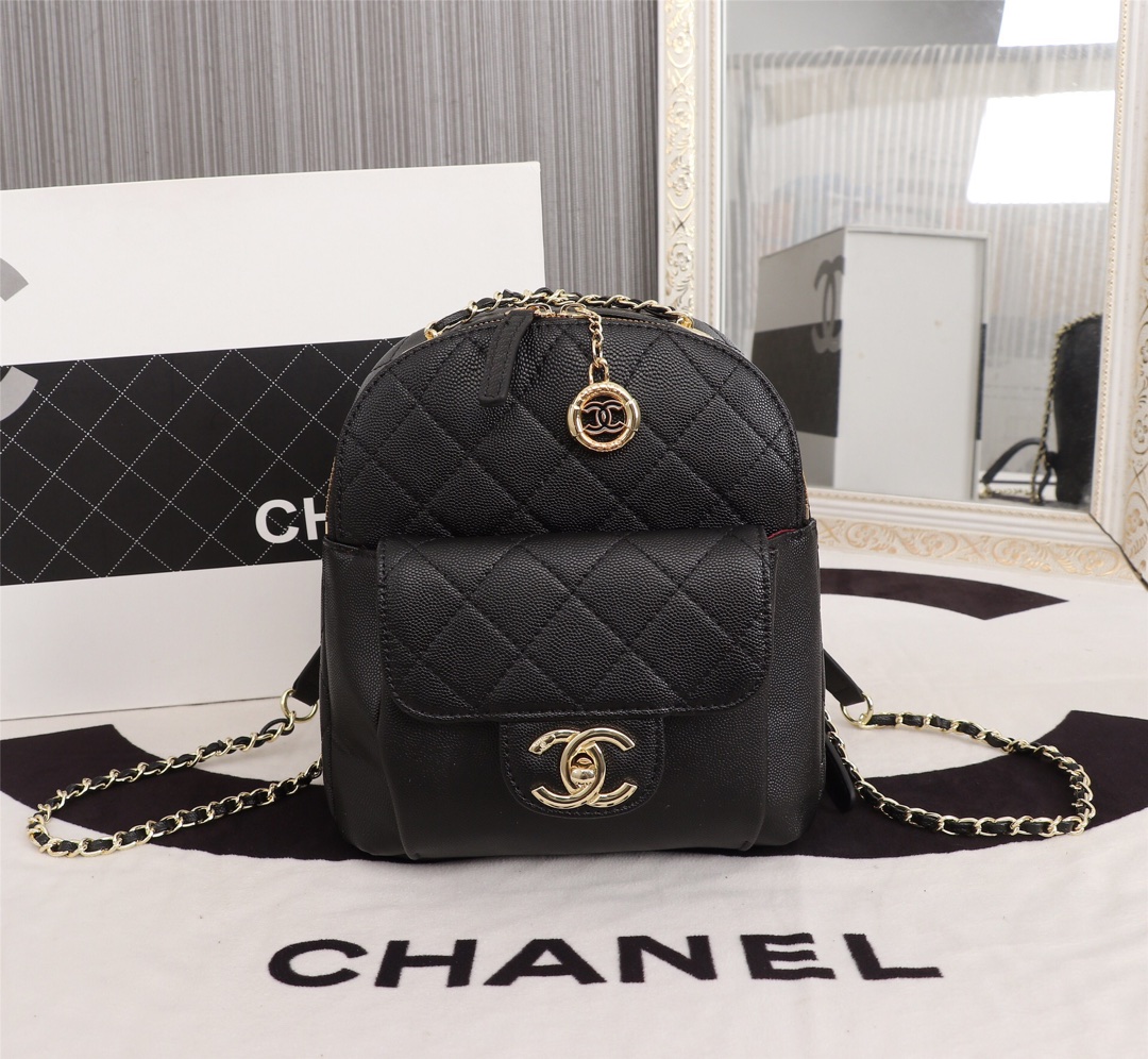 Chane* Caviar Lambskin Mini Backpack Black 22x18x10 cm