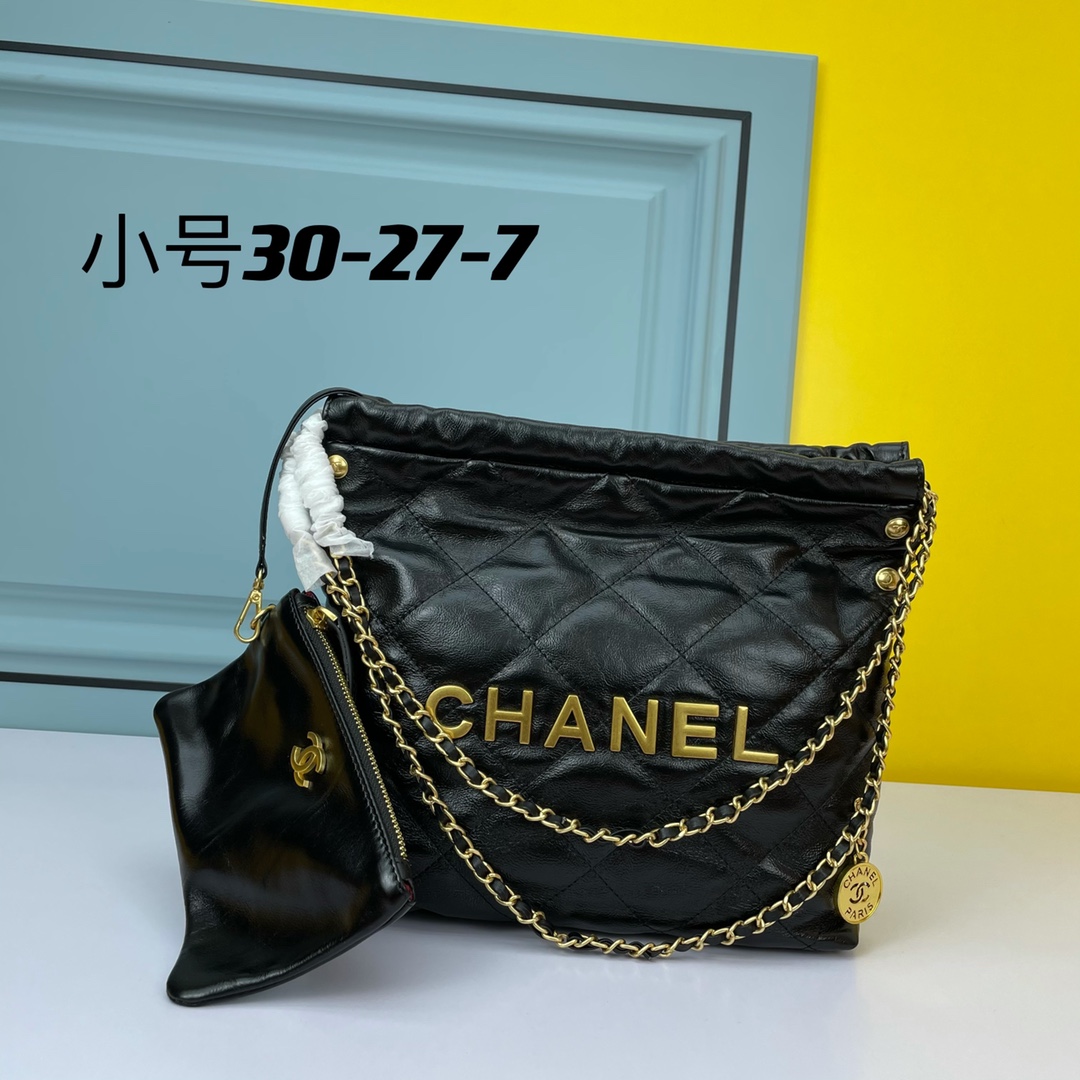 Chane* 22 Handbag Gold-Tone Material Black 30x27x7 cm