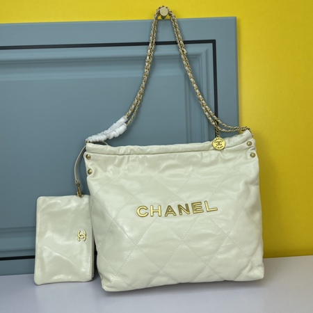 Chane* 22 Handbag Gold-Tone Material Cream 40x33x8 cm