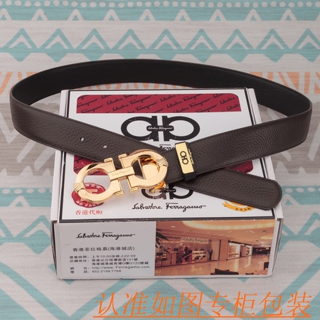 Ferragam* Cowhide Belt Black Golden Buckle 3.5cm