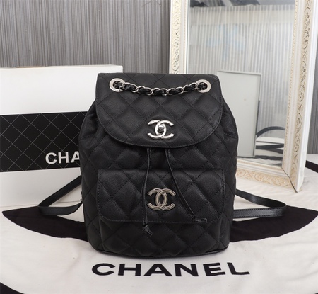 Chane* Duma Caviar Lambskin Backpack Black Silver Chain 21.5x24x12 cm