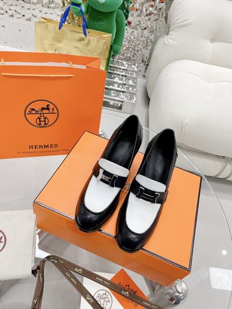 Herme* Dauphine Mules Shoes Black White 35-40