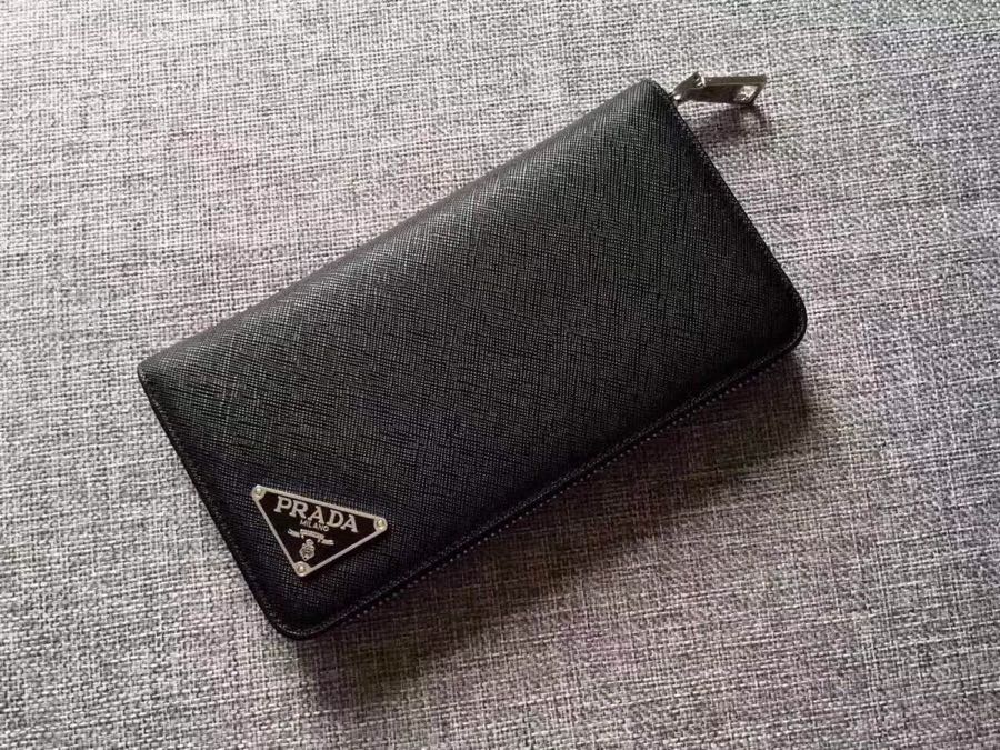 Prad* Men's Calfskin Zipper Wallet Clutch Black 19x10x2.5 cm
