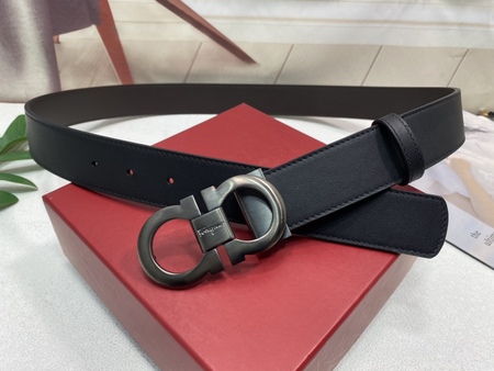Ferragam* Cowhide Belt Black Buckle 3.5cm