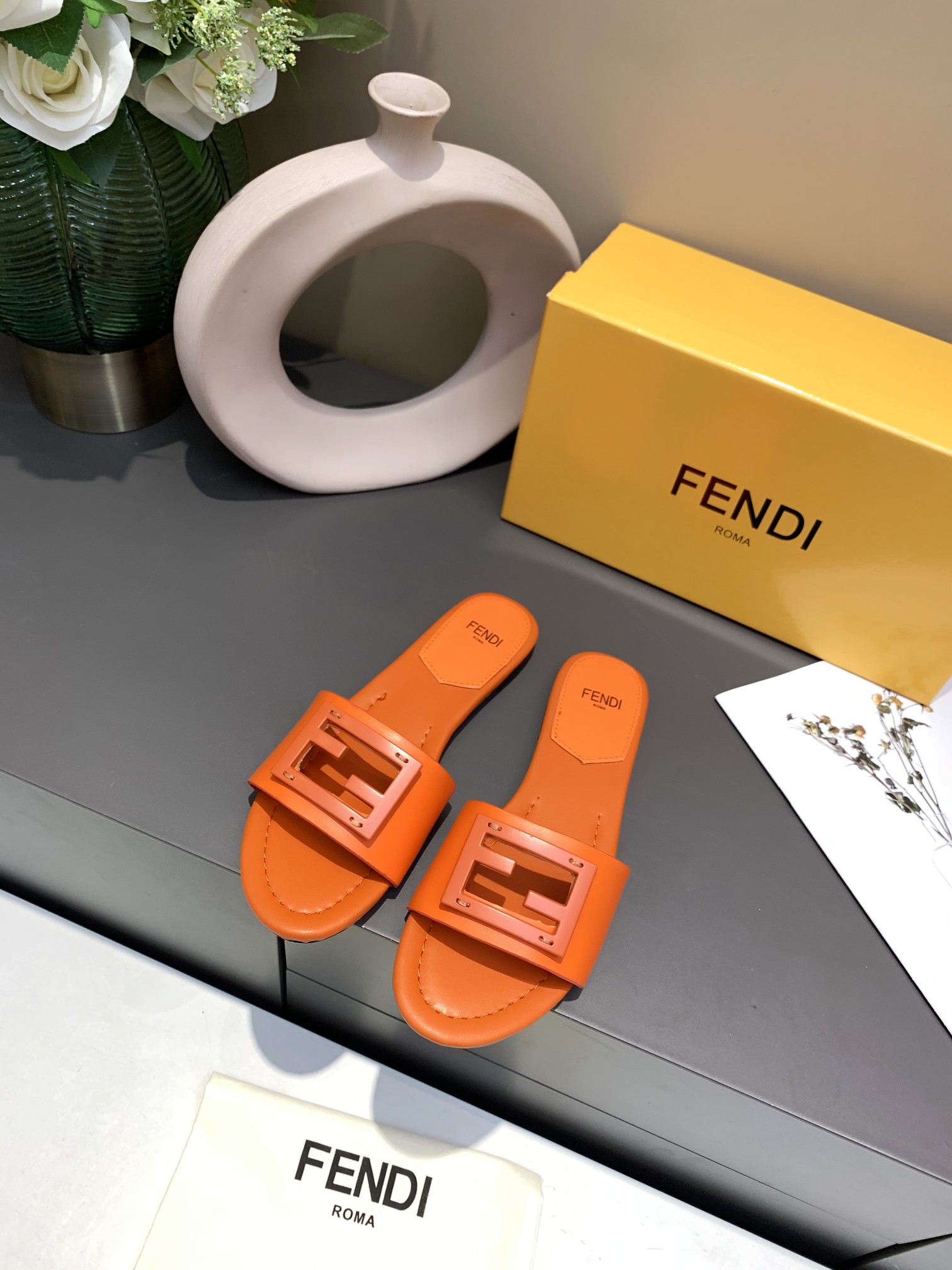 Fend* Baguette Leather Slides Shoes Orange Size 35-43