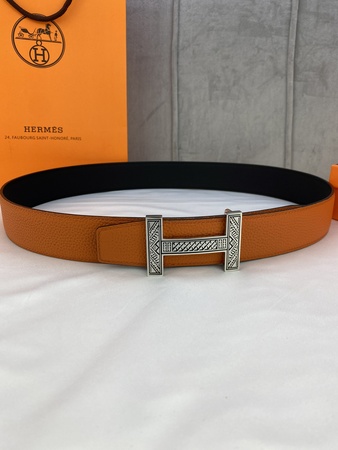 Herme* Calfskin Belt for Men Brown 38 MM